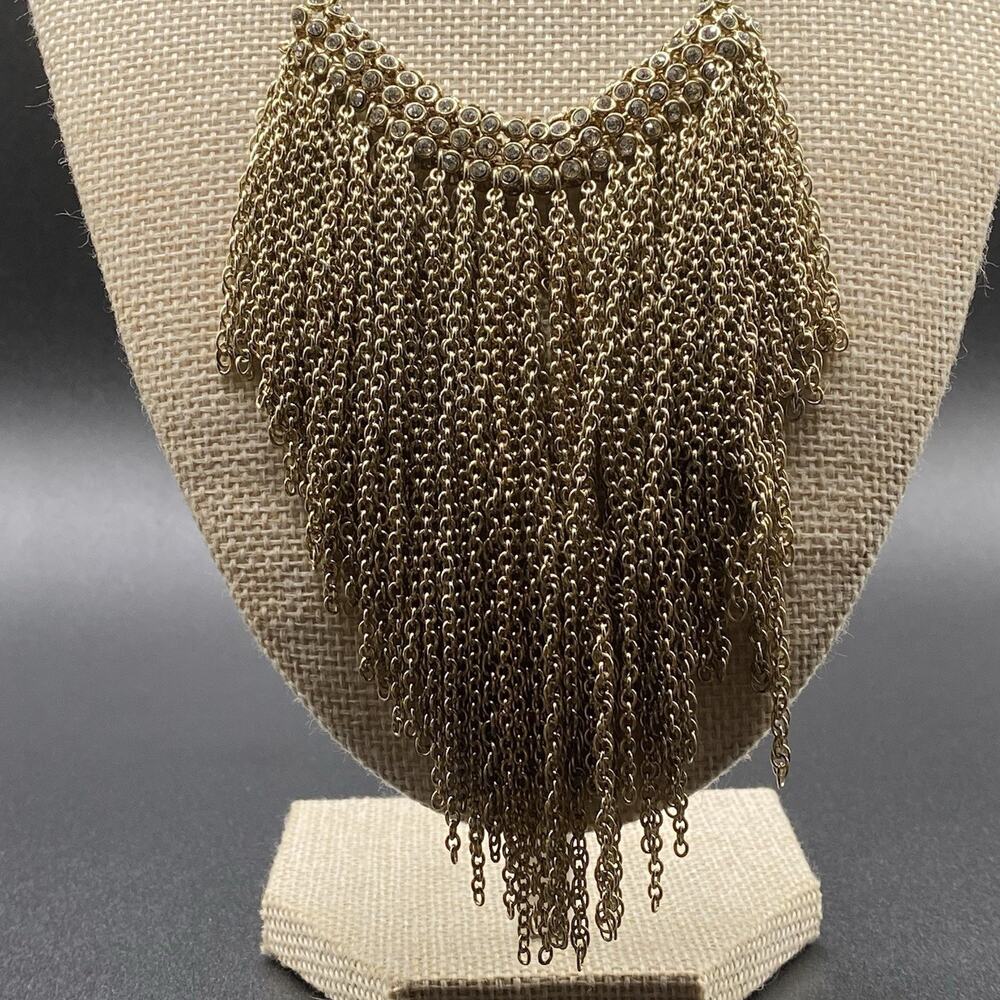 Ann Taylor Rhinestone Fringe Necklace Gold Tone Waterfall Signed